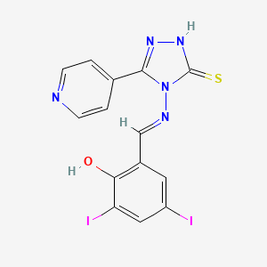 molecular formula C14H9I2N5OS B12037085 2,4-diiodo-6-((E)-{[3-(4-pyridinyl)-5-sulfanyl-4H-1,2,4-triazol-4-yl]imino}methyl)phenol 