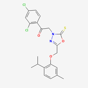 molecular formula C21H20Cl2N2O3S B12038521 1-(2,4-Dichlorophenyl)-2-(5-[(2-isopropyl-5-methylphenoxy)methyl]-2-thioxo-1,3,4-oxadiazol-3(2H)-YL)ethanone 