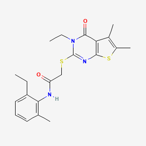 molecular formula C21H25N3O2S2 B12039439 2-((3-Ethyl-5,6-dimethyl-4-oxo-3,4-dihydrothieno[2,3-d]pyrimidin-2-yl)thio)-N-(2-ethyl-6-methylphenyl)acetamide CAS No. 578749-67-4