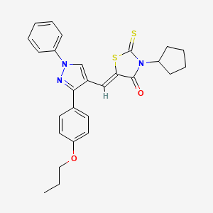 molecular formula C27H27N3O2S2 B12040341 (5Z)-3-Cyclopentyl-5-{[1-phenyl-3-(4-propoxyphenyl)-1H-pyrazol-4-YL]methylene}-2-thioxo-1,3-thiazolidin-4-one 