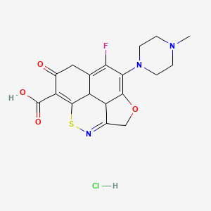 molecular formula C18H19ClFN3O4S B1204184 3H,8H-4-Oxa-1-thia-9b-azacyclopenta(cd)phenalene-9-carboxylic acid, 6-fluoro-5-(4-methyl-1-piperazinyl)-8-oxo-, monohydrochloride CAS No. 119474-55-4