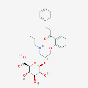 molecular formula C27H35NO9 B120421 (2S,3S,4S,5R,6R)-3,4,5-trihydroxy-6-[1-[2-(3-phenylpropanoyl)phenoxy]-3-(propylamino)propan-2-yl]oxyoxane-2-carboxylic acid CAS No. 91411-76-6