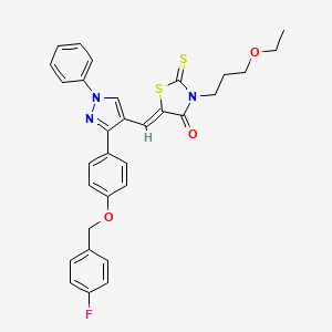 molecular formula C31H28FN3O3S2 B12042103 (5Z)-3-(3-Ethoxypropyl)-5-[(3-{4-[(4-fluorobenzyl)oxy]phenyl}-1-phenyl-1H-pyrazol-4-YL)methylene]-2-thioxo-1,3-thiazolidin-4-one 