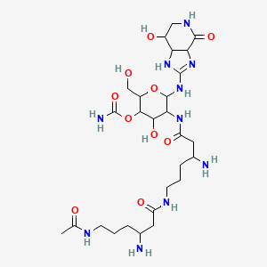 molecular formula C27H48N10O10 B1204410 [5-[[6-[(6-Acetamido-3-aminohexanoyl)amino]-3-aminohexanoyl]amino]-4-hydroxy-2-(hydroxymethyl)-6-[(7-hydroxy-4-oxo-1,3a,5,6,7,7a-hexahydroimidazo[4,5-c]pyridin-2-yl)amino]oxan-3-yl] carbamate CAS No. 52599-88-9