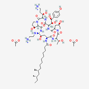 molecular formula C56H96N10O19 B12045517 [(3R)-3-[(3S,6S,9S,11R,15S,18S,20R,21S,24S,25S)-21-(2-azaniumylethylamino)-6-[(1S,2S)-1,2-dihydroxy-2-(4-hydroxyphenyl)ethyl]-18-[[(10R,12S)-10,12-dimethyltetradecanoyl]amino]-11,20,25-trihydroxy-15-[(1R)-1-hydroxyethyl]-2,5,8,14,17,23-hexaoxo-1,4,7,13,16,22-hexazatricyclo[22.3.0.09,13]heptacosan-3-yl]-3-hydroxypropyl]azanium;diacetate 