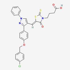 molecular formula C30H24ClN3O4S2 B12045633 4-{(5Z)-5-[(3-{4-[(4-Chlorobenzyl)oxy]phenyl}-1-phenyl-1H-pyrazol-4-YL)methylene]-4-oxo-2-thioxo-1,3-thiazolidin-3-YL}butanoic acid 