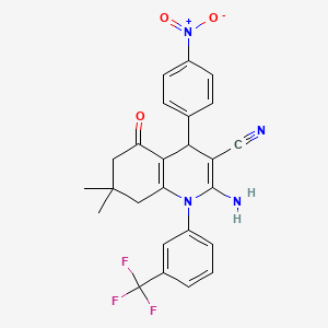 molecular formula C25H21F3N4O3 B12047792 2-Amino-7,7-dimethyl-4-(4-nitrophenyl)-5-oxo-1-[3-(trifluoromethyl)phenyl]-1,4,5,6,7,8-hexahydro-3-quinolinecarbonitrile CAS No. 476483-62-2