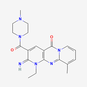 molecular formula C20H24N6O2 B12052370 7-ethyl-6-imino-11-methyl-5-(4-methylpiperazine-1-carbonyl)-1,7,9-triazatricyclo[8.4.0.03,8]tetradeca-3(8),4,9,11,13-pentaen-2-one 