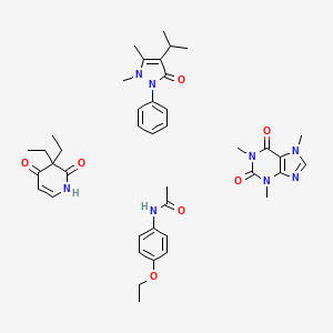 molecular formula C41H54N8O7 B1205271 3,3-diethyl-1H-pyridine-2,4-dione;1,5-dimethyl-2-phenyl-4-propan-2-ylpyrazol-3-one;N-(4-ethoxyphenyl)acetamide;1,3,7-trimethylpurine-2,6-dione CAS No. 8064-93-5