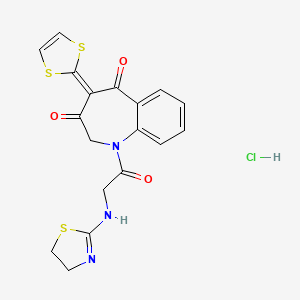 molecular formula C18H16ClN3O3S3 B1205442 1-((2-Thiazolin-2-yl)amino)acetyl-4-(1,3-dithiol-2-ylidene)-2,3,4,5-tetrahydro-1H-1-benzazepin-3,5-dione hydrochloride CAS No. 138149-59-4