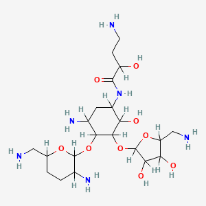 molecular formula C21H42N6O9 B1205620 4-amino-N-[5-amino-4-[3-amino-6-(aminomethyl)oxan-2-yl]oxy-3-[5-(aminomethyl)-3,4-dihydroxyoxolan-2-yl]oxy-2-hydroxycyclohexyl]-2-hydroxybutanamide CAS No. 56182-07-1