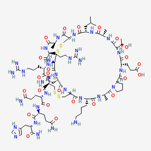 3-[(1R,4S,7S,13S,16S,19S,22S,25S,28R,31S,34S,37S,40R,47S,50R)-50-amino-40-[[(2S)-5-amino-1-[[(2S)-5-amino-1-[[(2S)-1-amino-3-(1H-imidazol-5-yl)-1-oxopropan-2-yl]amino]-1,5-dioxopentan-2-yl]amino]-1,5-dioxopentan-2-yl]carbamoyl]-4-(4-aminobutyl)-47-(2-amino-2-oxoethyl)-34,37-bis(3-carbamimidamidopropyl)-19-[(1R)-1-hydroxyethyl]-7,22,31-trimethyl-25-(2-methylpropyl)-2,5,8,14,17,20,23,26,29,32,35,38,46,49-tetradecaoxo-42,43,52,53-tetrathia-3,6,9,15,18,21,24,27,30,33,36,39,45,48-tetradecazatricyclo[26.16.10.09,13]tetrapentacontan-16-yl]propanoic acid