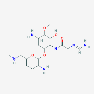 molecular formula C18H36N6O5 B1206293 N-[4-amino-6-[3-amino-6-(methylaminomethyl)oxan-2-yl]oxy-2-hydroxy-3-methoxycyclohexyl]-2-(aminomethylideneamino)-N-methylacetamide CAS No. 81202-83-7