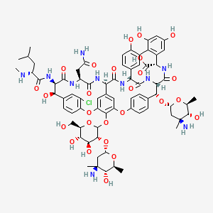 molecular formula C73H89ClN10O26 B1206425 (1S,2R,18R,19R,22S,25R,28R,40S)-2-[(2R,4S,5R,6S)-4-amino-5-hydroxy-4,6-dimethyloxan-2-yl]oxy-48-[(3R,4S,5S,6R)-3-[(2R,4S,5R,6S)-4-amino-5-hydroxy-4,6-dimethyloxan-2-yl]oxy-4,5-dihydroxy-6-(hydroxymethyl)oxan-2-yl]oxy-22-(2-amino-2-oxoethyl)-15-chloro-18,32,35,37-tetrahydroxy-19-[[(2R)-4-methyl-2-(methylamino)pentanoyl]amino]-20,23,26,42,44-pentaoxo-7,13-dioxa-21,24,27,41,43-pentazaoctacyclo[26.14.2.23,6.214,17.18,12.129,33.010,25.034,39]pentaconta-3(50),4,6(49),8(48),9,11,14,16,29(45),30,32,34(39),35,37,46-pentadecaene-40-carboxylic acid 
