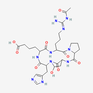 molecular formula C29H42N10O9 B12071142 4-{13-(3-{[Acetamido(amino)methylidene]amino}propyl)-5-hydroxy-7-[(1H-imidazol-5-yl)methyl]-1,8,11,14,19-pentaoxohexadecahydro-1H-3,6-methanopyrrolo[2,1-c][1,4,7,10,13]pentaazacyclohexadecin-10-yl}butanoic acid 