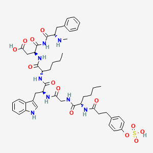 molecular formula C48H62N8O13S B1207124 (3S)-3-[[(2S)-2-[[(2S)-3-(1H-indol-3-yl)-2-[[2-[[(2S)-2-[3-(4-sulfooxyphenyl)propanoylamino]hexanoyl]amino]acetyl]amino]propanoyl]amino]hexanoyl]amino]-4-[[(2S)-2-(methylamino)-3-phenylpropanoyl]amino]-4-oxobutanoic acid CAS No. 112882-74-3
