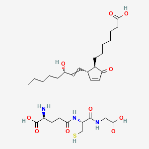 molecular formula C30H49N3O10S B1207155 (2S)-2-amino-5-[[(2R)-1-(carboxymethylamino)-1-oxo-3-sulfanylpropan-2-yl]amino]-5-oxopentanoic acid;7-[(1R,2S)-2-[(3S)-3-hydroxyoct-1-enyl]-5-oxocyclopent-3-en-1-yl]heptanoic acid 