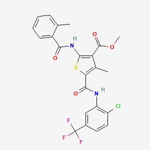 molecular formula C23H18ClF3N2O4S B12071599 Methyl 5-((2-chloro-5-(trifluoromethyl)phenyl)carbamoyl)-4-methyl-2-(2-methylbenzamido)thiophene-3-carboxylate 