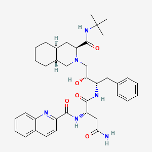 molecular formula C38H50N6O5 B1208257 (2S)-N-[(2S,3R)-4-[(3S,4aS,8aR)-3-[(tert-butylamino)-oxomethyl]-3,4,4a,5,6,7,8,8a-octahydro-1H-isoquinolin-2-yl]-3-hydroxy-1-phenylbutan-2-yl]-2-[[oxo(2-quinolinyl)methyl]amino]butanediamide 