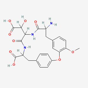 molecular formula C23H25N3O9 B1209126 9-Amino-12-[carboxy(hydroxy)methyl]-4-methoxy-10,13-dioxo-2-oxa-11,14-diazatricyclo[15.2.2.13,7]docosa-1(19),3,5,7(22),17,20-hexaene-15-carboxylic acid CAS No. 93375-68-9