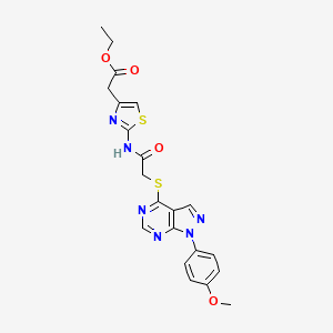 molecular formula C21H20N6O4S2 B1209496 2-[2-[[2-[[1-(4-Methoxyphenyl)-4-pyrazolo[3,4-d]pyrimidinyl]thio]-1-oxoethyl]amino]-4-thiazolyl]acetic acid ethyl ester 