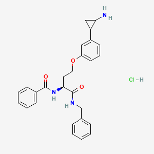 molecular formula C27H30ClN3O3 B12098256 N-[(2S)-4-[3-(2-aminocyclopropyl)phenoxy]-1-(benzylamino)-1-oxobutan-2-yl]benzamide;hydrochloride 