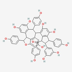 molecular formula C56H42O13 B12101545 [2-(3,5-dihydroxyphenyl)-4,6-dihydroxy-3-(4-hydroxyphenyl)-7-[4,6,12-trihydroxy-8,16-bis(4-hydroxyphenyl)-15-oxatetracyclo[8.6.1.02,7.014,17]heptadeca-2(7),3,5,10(17),11,13-hexaen-9-yl]-2,3-dihydro-1H-inden-1-yl]-(4-hydroxyphenyl)methanone 