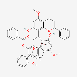 molecular formula C49H46O10 B12101654 [2-[2,2-bis(7-hydroxy-5-methoxy-2-phenyl-3,4-dihydro-2H-chromen-8-yl)ethyl]-5-hydroxy-3-methoxy-4-methylphenyl] benzoate 