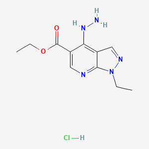 molecular formula C11H16ClN5O2 B1210248 1-Ethyl-4-hydrazino-lH-pyrazolo-(3,4-b)-pyridine-5-carboxylic acid ethyl ester hydrochloride CAS No. 39011-95-5