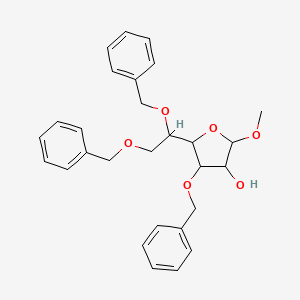 molecular formula C28H32O6 B12102496 5-[1,2-Bis(phenylmethoxy)ethyl]-2-methoxy-4-phenylmethoxyoxolan-3-ol 