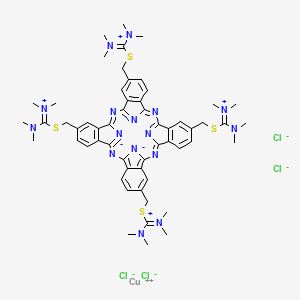 molecular formula C56H68Cl4CuN16S4 B12103170 Copper;[dimethylamino-[[15,24,34-tris[[dimethylamino(dimethylazaniumylidene)methyl]sulfanylmethyl]-2,11,20,37,39,40-hexaza-29,38-diazanidanonacyclo[28.6.1.13,10.112,19.121,28.04,9.013,18.022,27.031,36]tetraconta-1,3(40),4(9),5,7,10,12(39),13(18),14,16,19,21,23,25,27,30(37),31(36),32,34-nonadecaen-6-yl]methylsulfanyl]methylidene]-dimethylazanium;tetrachloride 