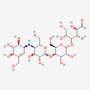 molecular formula C25H43NO19 B12104192 (2R,3S,4R,5R)-4-[(2R,3R,4S,5R,6R)-5-[(2S,3R,4S,5R)-3,4-dihydroxy-6-(hydroxymethyl)-5-[[(1S,4R,5S,6S)-4,5,6-trihydroxy-3-(hydroxymethyl)-1-cyclohex-2-enyl]amino]oxan-2-yl]oxy-3,4-dihydroxy-6-(hydroxymethyl)oxan-2-yl]oxy-2,3,5,6-tetrahydroxy-hexanal 