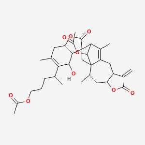 molecular formula C34H44O9 B12104649 4-(15'-Acetyloxy-4-hydroxy-2',6,11'-trimethyl-7'-methylidene-2,6'-dioxospiro[3a,4,7,7a-tetrahydro-1-benzofuran-3,13'-5-oxatetracyclo[10.2.1.01,10.04,8]pentadec-10-ene]-5-yl)pentyl acetate 