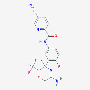 molecular formula C19H15F4N5O2 B12106537 N-[3-[5-amino-3-methyl-2-(trifluoromethyl)-2,6-dihydro-1,4-oxazin-3-yl]-4-fluorophenyl]-5-cyanopyridine-2-carboxamide 