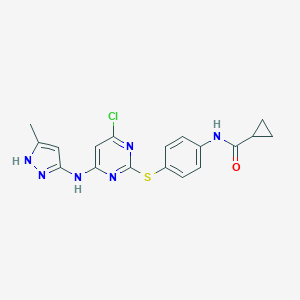 molecular formula C18H17ClN6OS B012108 N-(4-((4-Chloro-6-((5-methyl-1H-pyrazol-3-yl)amino)pyrimidin-2-yl)thio)phenyl)cyclopropanecarboxamide CAS No. 639090-55-4