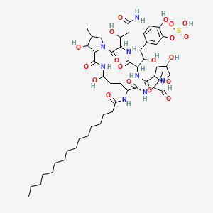 molecular formula C51H82N8O19S B1210929 [5-[2-[3-(3-氨基-1-羟基-3-氧代丙基)-18-(十六烷酰胺基)-11,21,25-三羟基-15-(1-羟乙基)-26-甲基-2,5,8,14,17,23-六氧代-1,4,7,13,16,22-六氮杂三环[22.3.0.09,13]七二十七烷-6-基]-2-羟乙基]-2-羟苯基] 硫酸氢盐 