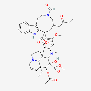 molecular formula C46H56N4O10 B1211263 Methyl 4-(acetyloxy)-15-[3-formyl-7-(methoxycarbonyl)-5-(2-oxobutyl)-1,2,3,4,5,6,7,8-octahydroazonino[5,4-b]indol-7-yl]-3-hydroxy-16-methoxy-1-methyl-6,7-didehydroaspidospermidine-3-carboxylate 