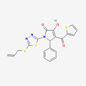 molecular formula C20H15N3O3S3 B12112882 (4E)-4-[hydroxy(thiophen-2-yl)methylidene]-5-phenyl-1-[5-(prop-2-en-1-ylsulfanyl)-1,3,4-thiadiazol-2-yl]pyrrolidine-2,3-dione 