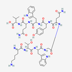 molecular formula C58H78N14O14 B12115710 2-[[5-amino-2-[[2-[[2-[[5-amino-2-[[2-[[2-[[2-(2,6-diaminohexanoylamino)-3-hydroxybutanoyl]amino]-3-(1H-indol-3-yl)propanoyl]amino]acetyl]amino]-5-oxopentanoyl]amino]-3-(4-hydroxyphenyl)propanoyl]amino]-3-(1H-indol-3-yl)propanoyl]amino]-5-oxopentanoyl]amino]-3-methylbutanoic acid 