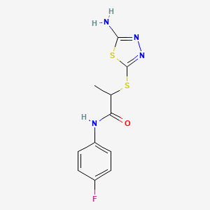 molecular formula C11H11FN4OS2 B12116638 2-[(5-amino-1,3,4-thiadiazol-2-yl)sulfanyl]-N-(4-fluorophenyl)propanamide 