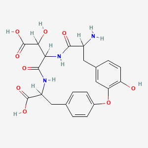 molecular formula C22H23N3O9 B1211683 9-Amino-12-[carboxy(hydroxy)methyl]-4-hydroxy-10,13-dioxo-2-oxa-11,14-diazatricyclo[15.2.2.13,7]docosa-1(19),3,5,7(22),17,20-hexaene-15-carboxylic acid CAS No. 93375-53-2