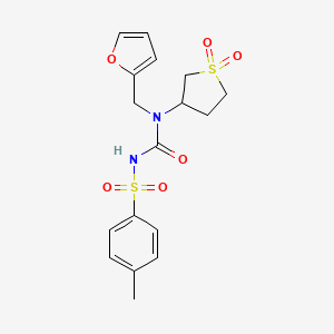 molecular formula C17H20N2O6S2 B12117229 N-[(1,1-dioxidotetrahydrothiophen-3-yl)(furan-2-ylmethyl)carbamoyl]-4-methylbenzenesulfonamide 