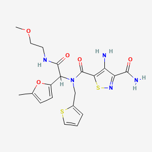 molecular formula C20H23N5O5S2 B1211826 4-amino-N5-[2-(2-methoxyethylamino)-1-(5-methyl-2-furanyl)-2-oxoethyl]-N5-(thiophen-2-ylmethyl)isothiazole-3,5-dicarboxamide 