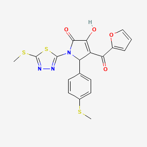 molecular formula C19H15N3O4S3 B12119521 (4E)-4-[furan-2-yl(hydroxy)methylidene]-5-[4-(methylsulfanyl)phenyl]-1-[5-(methylsulfanyl)-1,3,4-thiadiazol-2-yl]pyrrolidine-2,3-dione 