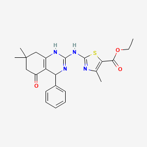 molecular formula C23H26N4O3S B12119802 Ethyl 2-[(7,7-dimethyl-5-oxo-4-phenyl-1,4,5,6,7,8-hexahydroquinazolin-2-yl)amino]-4-methyl-1,3-thiazole-5-carboxylate 