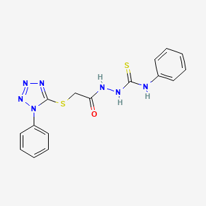 molecular formula C16H15N7OS2 B12120405 Acetic acid, ((1-phenyl-1H-tetrazol-5-yl)thio)-, 2-((phenylamino)thioxomethyl)hydrazide CAS No. 133506-48-6