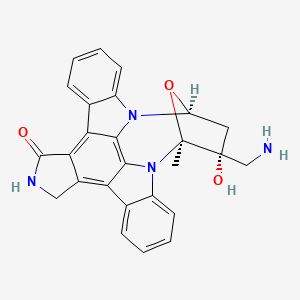 molecular formula C26H22N4O3 B1212103 7-(Aminomethyl)-8-methyl-5,6,7,8-tetrahydro-13H-5,8-epoxy-4b,8a,14-triazadibenzo[b,h]cycloocta[1,2,3,4-jkl]cyclopenta[e]-as-indacene-7,15-diol 