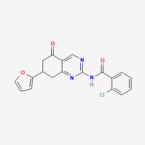 molecular formula C19H14ClN3O3 B12121577 2-chloro-N-[7-(furan-2-yl)-5-oxo-5,6,7,8-tetrahydroquinazolin-2-yl]benzamide 