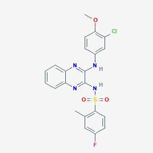 molecular formula C22H18ClFN4O3S B12123382 N-{3-[(3-chloro-4-methoxyphenyl)amino]quinoxalin-2-yl}-4-fluoro-2-methylbenzene-1-sulfonamide 