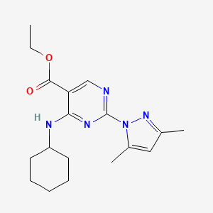 molecular formula C18H25N5O2 B1212471 4-(Cyclohexylamino)-2-(3,5-dimethyl-1-pyrazolyl)-5-pyrimidinecarboxylic acid ethyl ester 